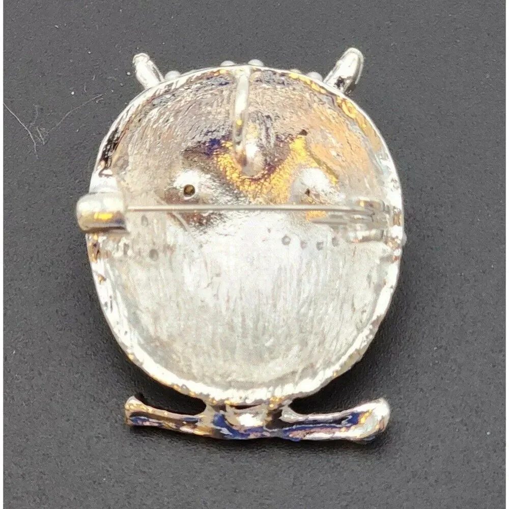 Faux Pearl Owl Brooch: Silvertone Metal, Black Eyes